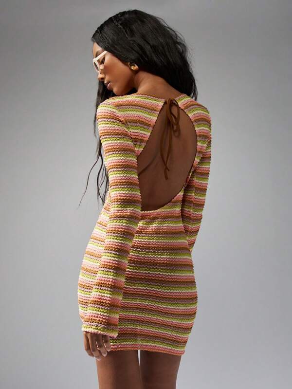 Missguided MISSGUIDED Stripe Crochet Knit Long Sleeves Open Back Bodycon Mini Dress
