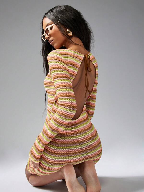 Missguided MISSGUIDED Stripe Crochet Knit Long Sleeves Open Back Bodycon Mini Dress