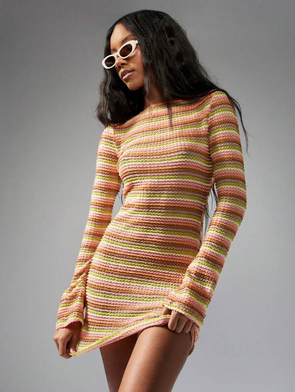 missguided MISSGUIDED Stripe Crochet Knit Long Sleeves Open Back Bodycon Mini Dress