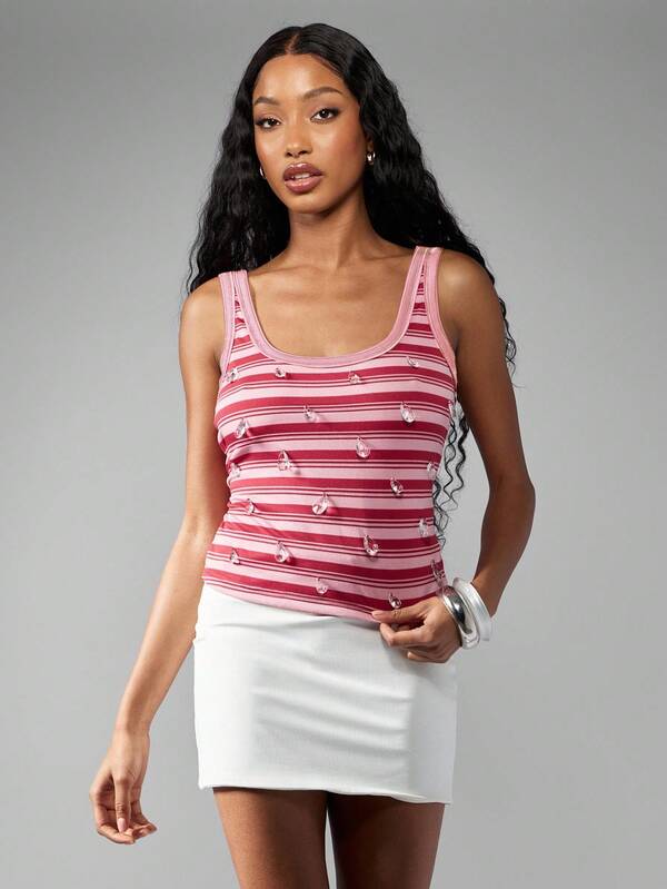 Missguided MISSGUIDED Stripe Droplet Crystal Scoop Neck Vest Top