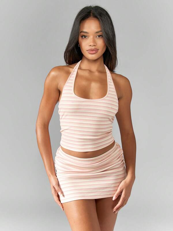 Missguided MISSGUIDED Stripe Halter Neck Top And Bodycon Mini Skirt Two Piece Co Ord Set