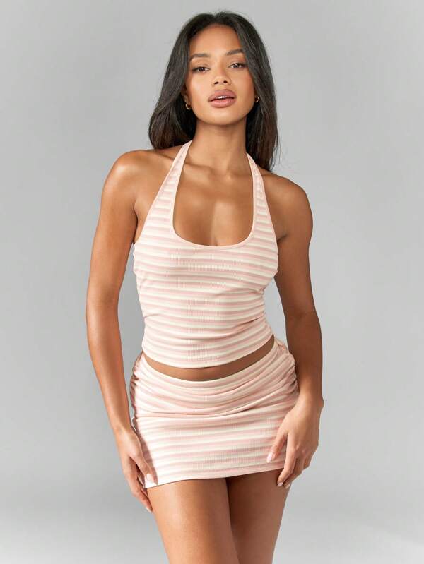 missguided MISSGUIDED Stripe Halter Neck Top And Bodycon Mini Skirt Two Piece Co Ord Set