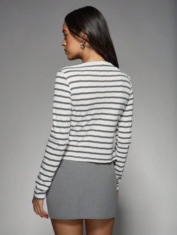 Missguided MISSGUIDED Stripe Pointelle Button Front Long Sleeve Cardigan