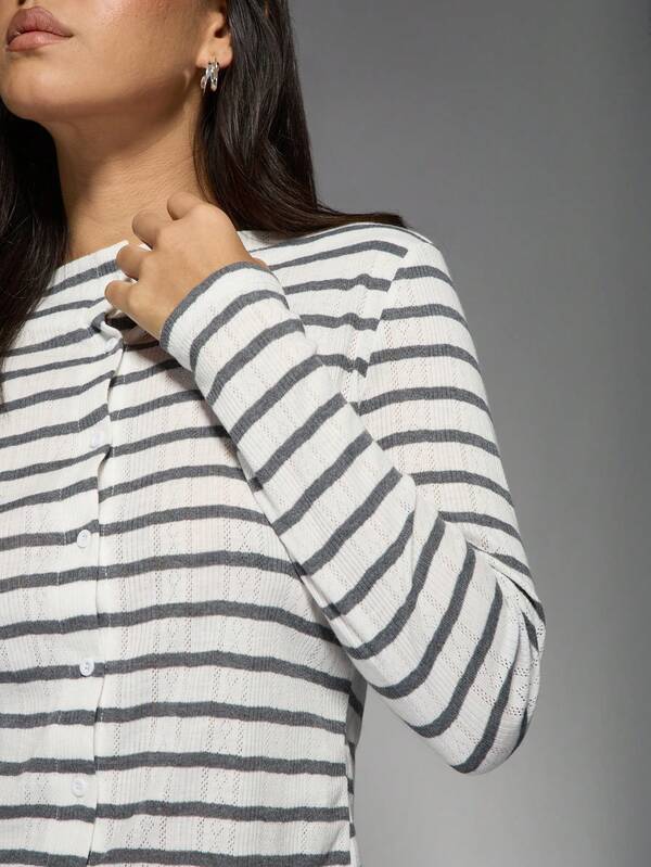 Missguided MISSGUIDED Stripe Pointelle Button Front Long Sleeve Cardigan