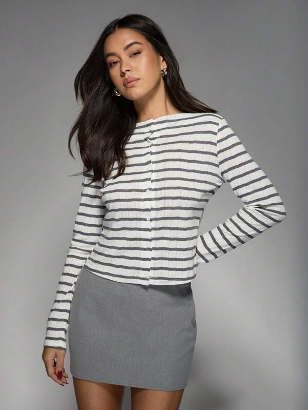 missguided MISSGUIDED Stripe Pointelle Button Front Long Sleeve Cardigan