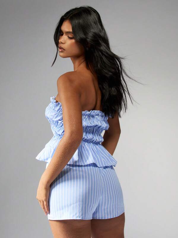 Missguided MISSGUIDED Stripe Ruched Bandeau Top High Waist Shorts Set
