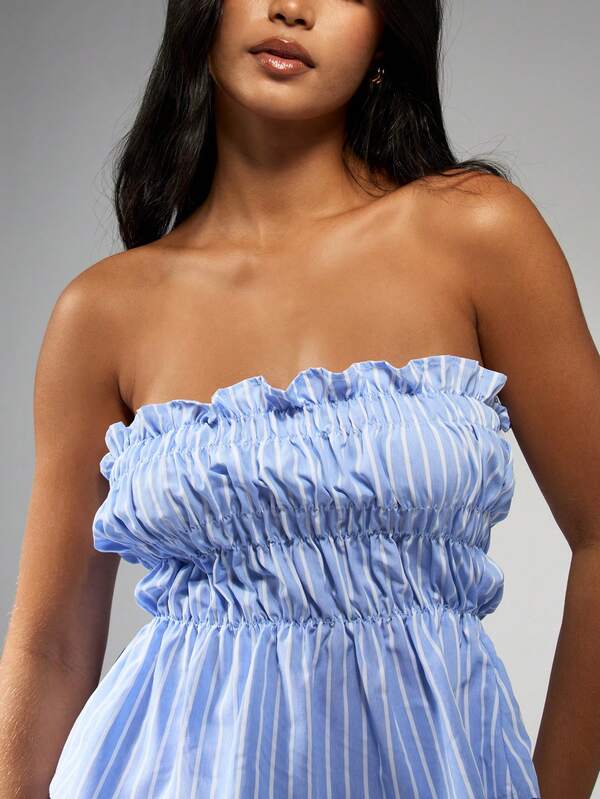 Missguided MISSGUIDED Stripe Ruched Bandeau Top High Waist Shorts Set