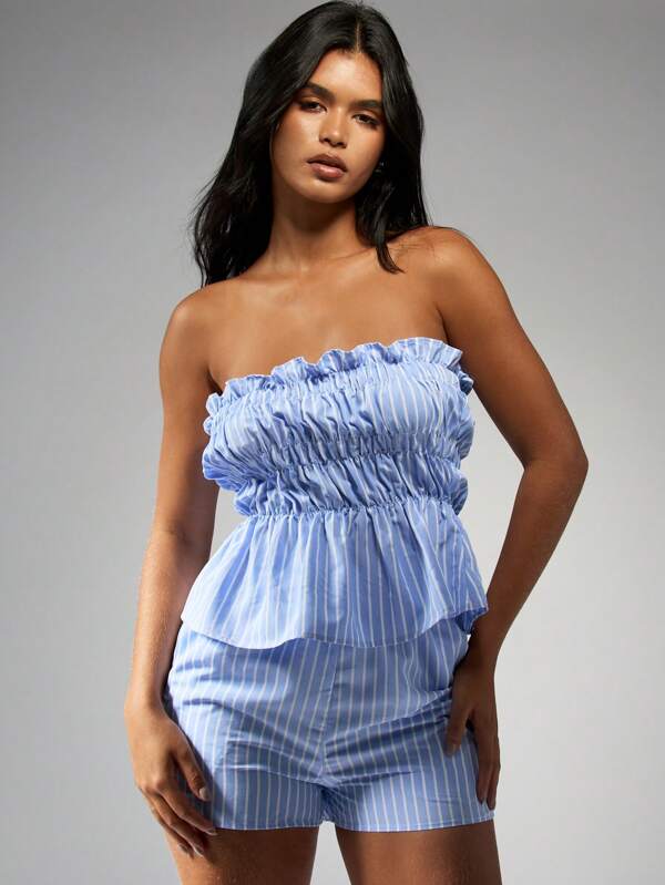 missguided MISSGUIDED Stripe Ruched Bandeau Top High Waist Shorts Set