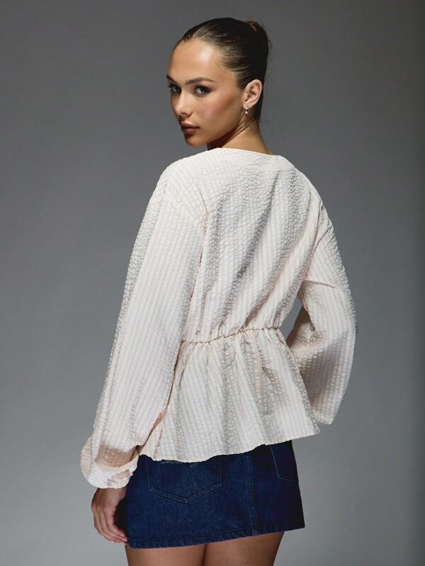 Missguided MISSGUIDED Stripe Waffle Cotton Long Balloon Sleeves Front Tie Peplum Blouse