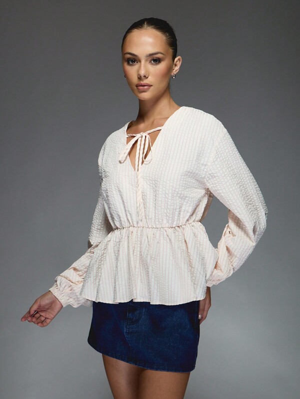 missguided MISSGUIDED Stripe Waffle Cotton Long Balloon Sleeves Front Tie Peplum Blouse