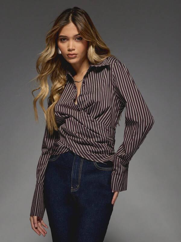 missguided MISSGUIDED Stripe Wrap Around Fitted Crop Shirt