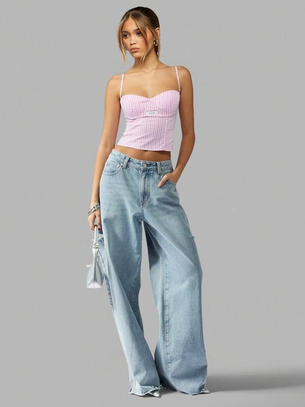 Missguided MISSGUIDED Striped Bustier Corset Style Spaghetti Strap Tank Tops & Camis