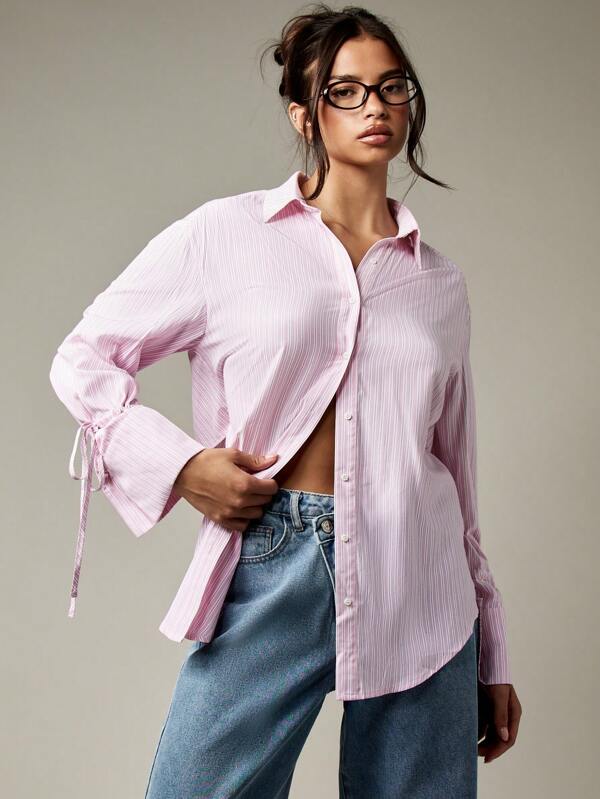 Missguided MISSGUIDED Striped Button Down Blouse With Tie Cuffs