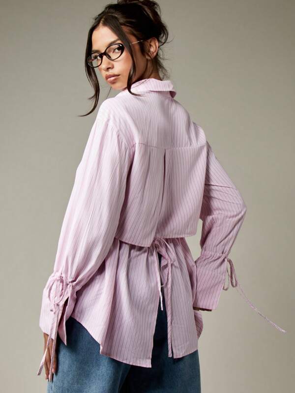 missguided MISSGUIDED Striped Button Down Blouse With Tie Cuffs
