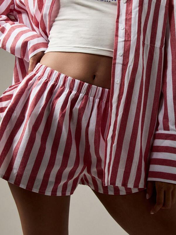 Missguided MISSGUIDED Striped Button Down Shirt And Elastic Waist Shorts Coord