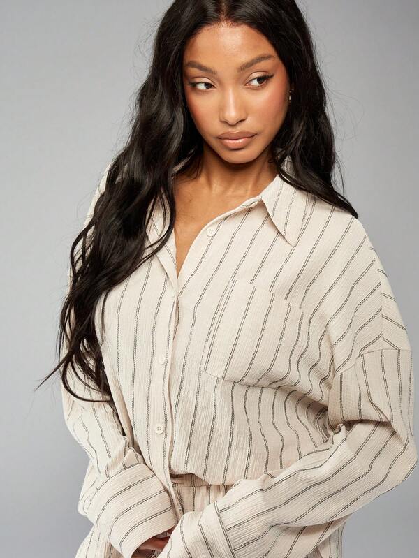 Missguided MISSGUIDED Striped Button-Down Shirt And Shorts Two-Piece Set With Long Sleeves