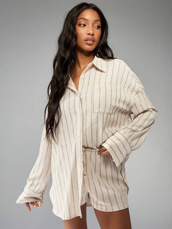 missguided MISSGUIDED Striped Button-Down Shirt And Shorts Two-Piece Set With Long Sleeves