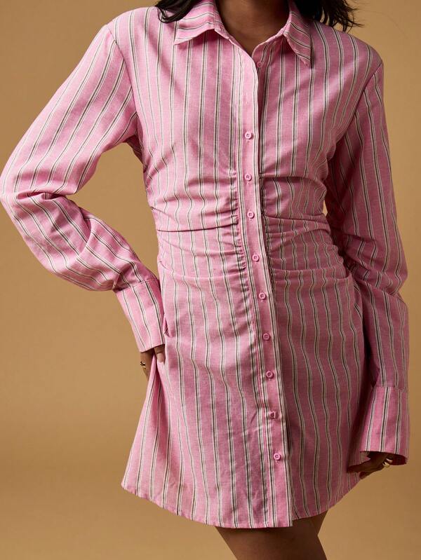 Missguided MISSGUIDED Striped Button Down Shirt Dress With Ruched Waist