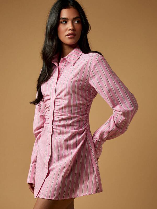 missguided MISSGUIDED Striped Button Down Shirt Dress With Ruched Waist