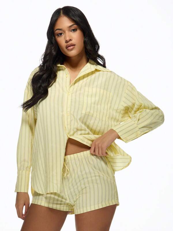missguided MISSGUIDED Striped Button-Down Shirt Matching Shorts Two-Piece Outfit