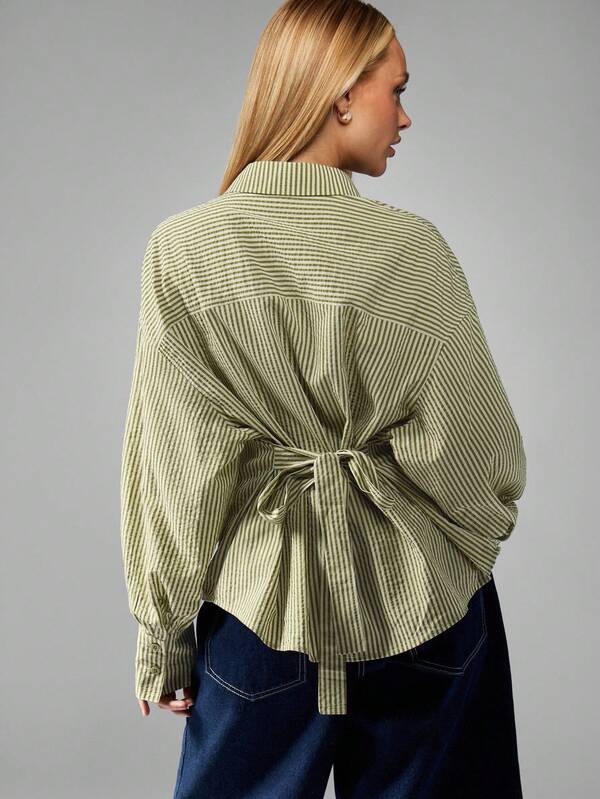 missguided MISSGUIDED Striped Button Down Shirt With Back Tie Detail missguided MISSGUIDED Striped Button Down Shirt With Back Tie Detail