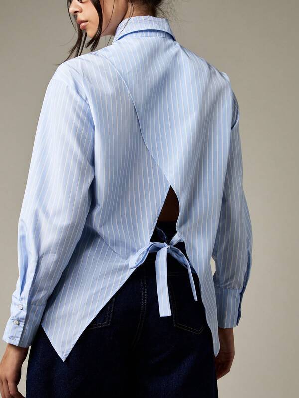 Missguided MISSGUIDED Striped Button Down Shirt With Open Back Tie Detail