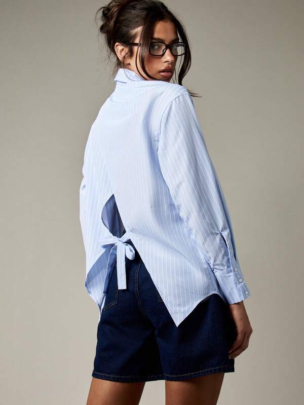 missguided MISSGUIDED Striped Button Down Shirt With Open Back Tie Detail