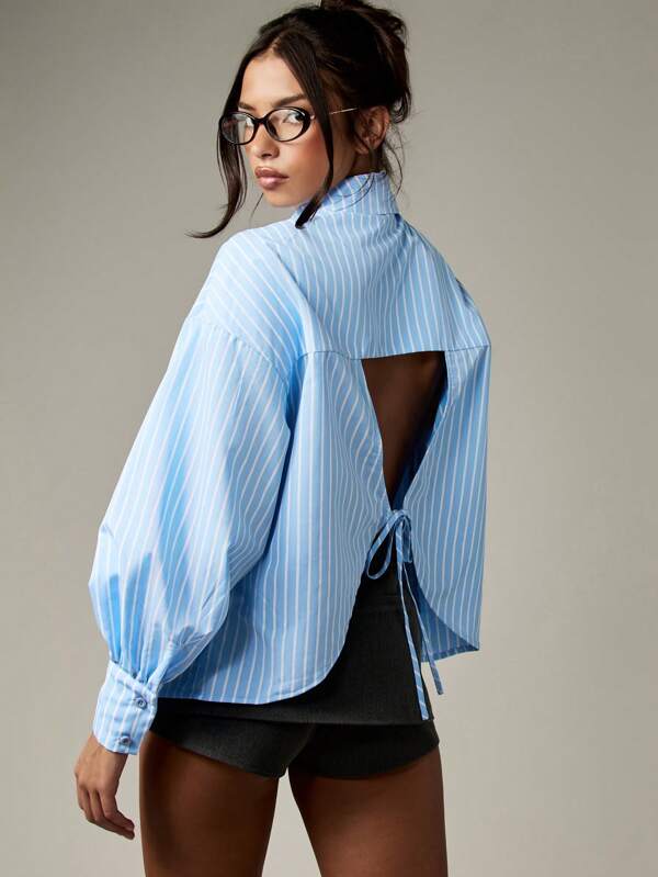 missguided MISSGUIDED Striped Button Down Shirt With Open Back Tie Detail