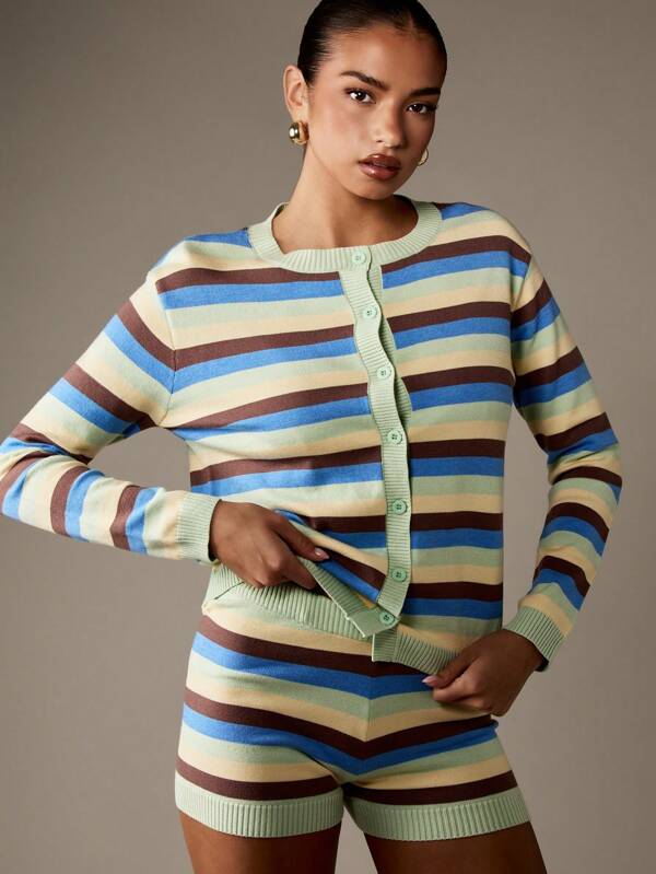 missguided MISSGUIDED Striped Button Front Cardigan With Ribbed Trim