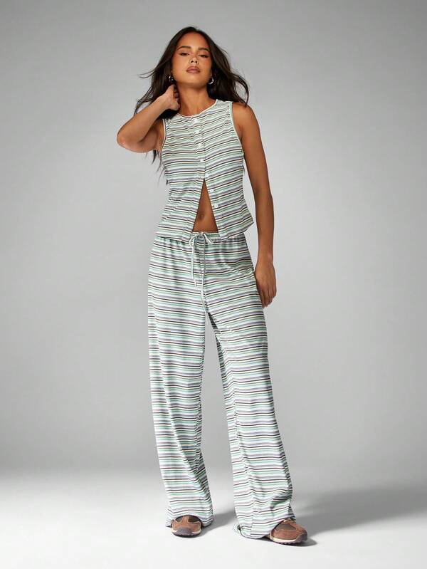 Missguided MISSGUIDED Striped Button Front Co-Ord Set Wide Leg Pants With Crop Top