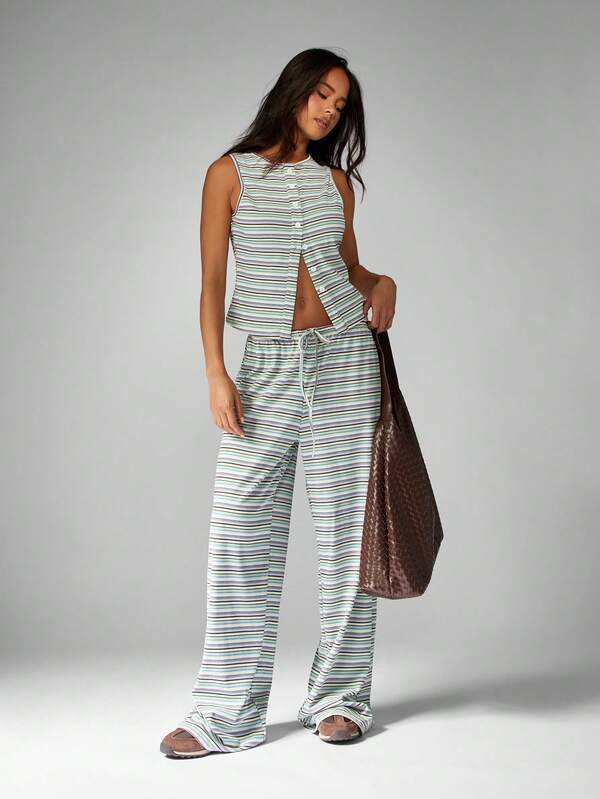 missguided MISSGUIDED Striped Button Front Co-Ord Set Wide Leg Pants With Crop Top