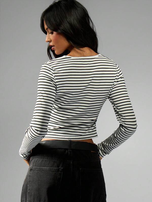 Missguided MISSGUIDED Striped Button Front Crop Ribbed Long Sleeve Top