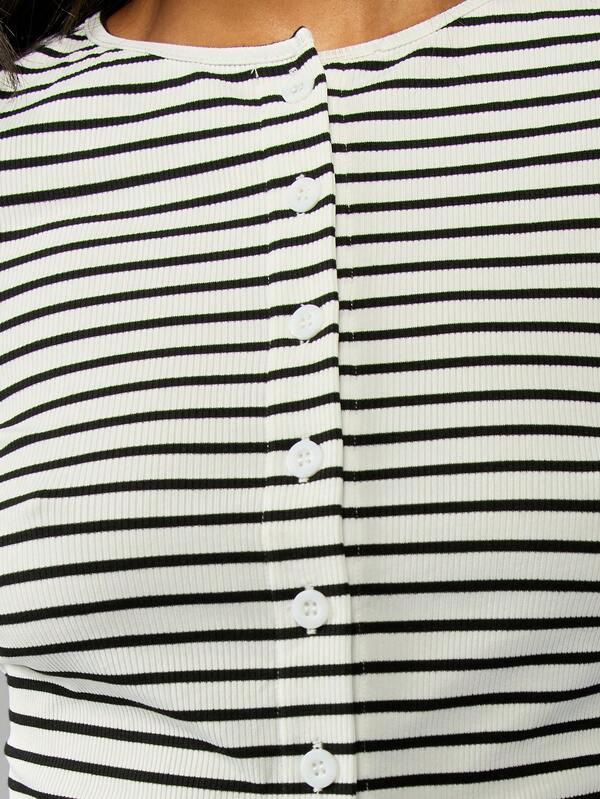 Missguided MISSGUIDED Striped Button Front Crop Ribbed Long Sleeve Top