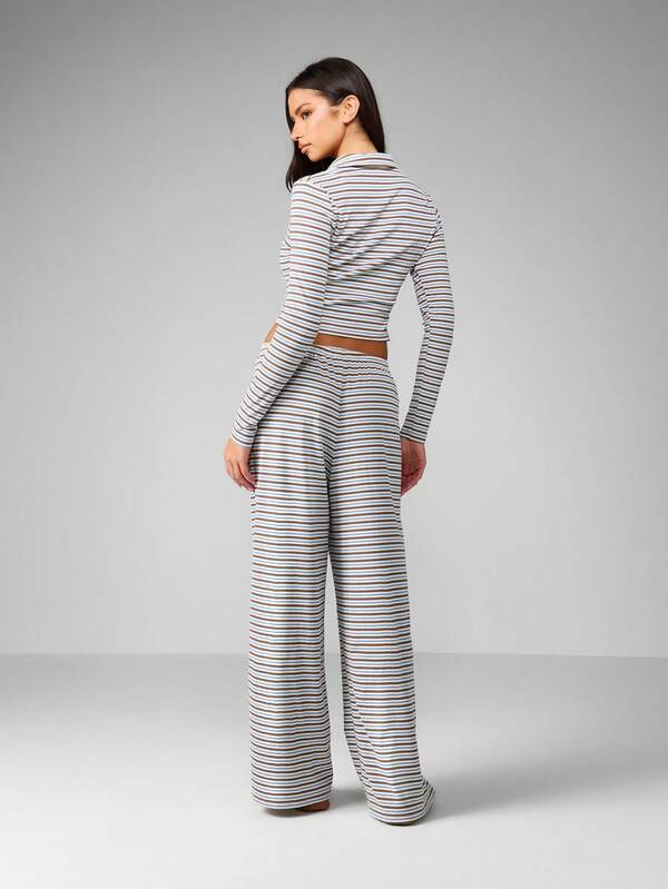 Missguided MISSGUIDED Striped Button Front Crop Top With Wide Leg Pants Set