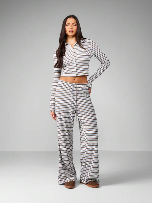 Missguided MISSGUIDED Striped Button Front Crop Top With Wide Leg Pants Set