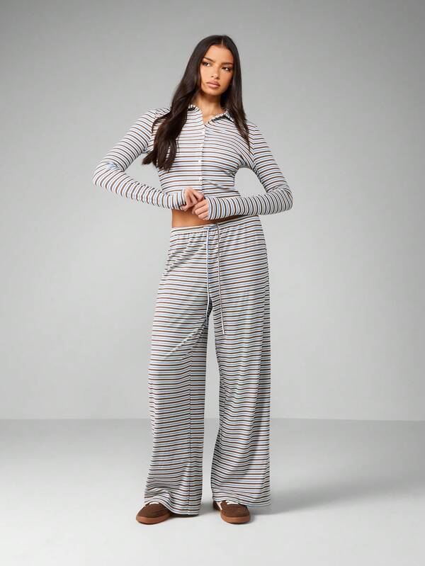 missguided MISSGUIDED Striped Button Front Crop Top With Wide Leg Pants Set