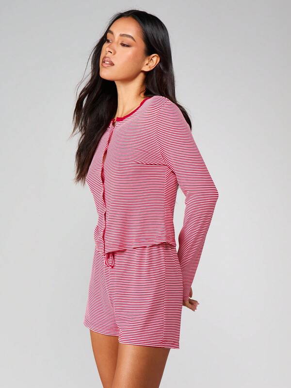 Missguided MISSGUIDED Striped Button Front Long Sleeve Lounge Set With Shorts