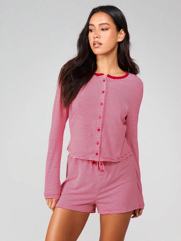 missguided MISSGUIDED Striped Button Front Long Sleeve Lounge Set With Shorts