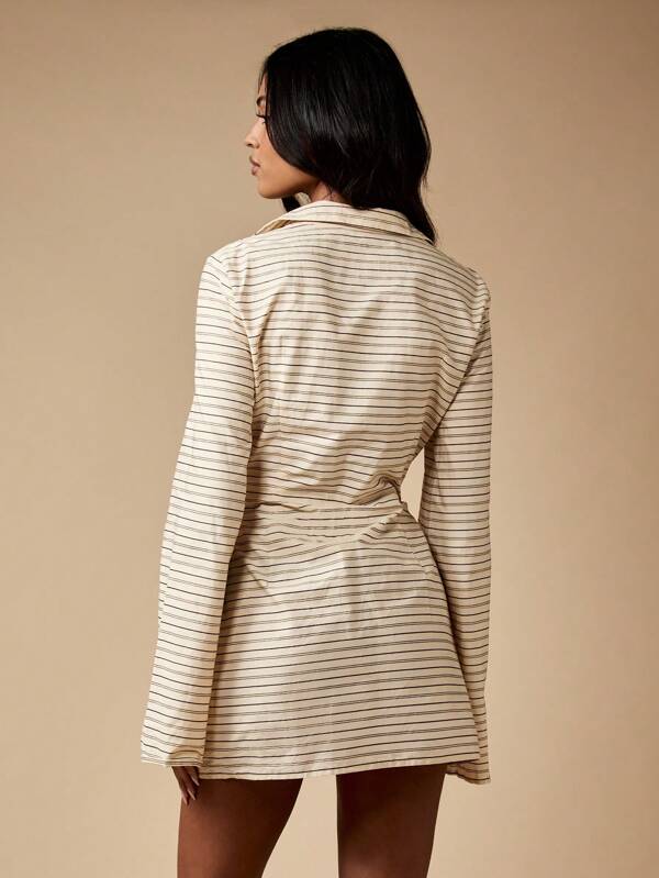 Missguided MISSGUIDED Striped Button Front Mini Dress With Bell Sleeves And Ruched Waist