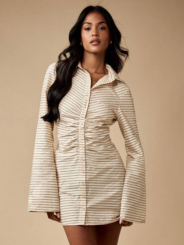 Missguided MISSGUIDED Striped Button Front Mini Dress With Bell Sleeves And Ruched Waist