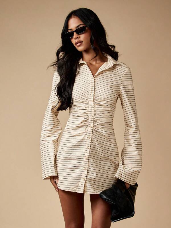 missguided MISSGUIDED Striped Button Front Mini Dress With Bell Sleeves And Ruched Waist