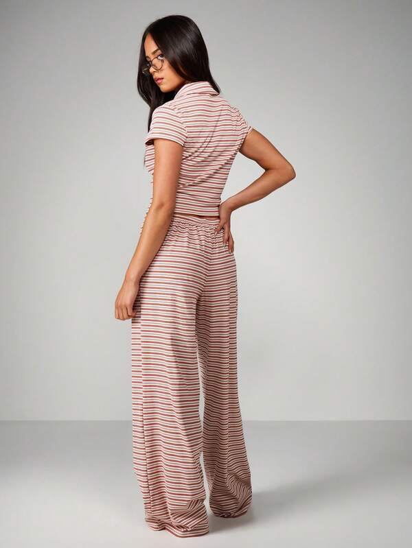 Missguided MISSGUIDED Striped Button Front Shirt And Wide Leg Pants Co Ord Set For Women Layering Casual Matching Two Piece Outfit