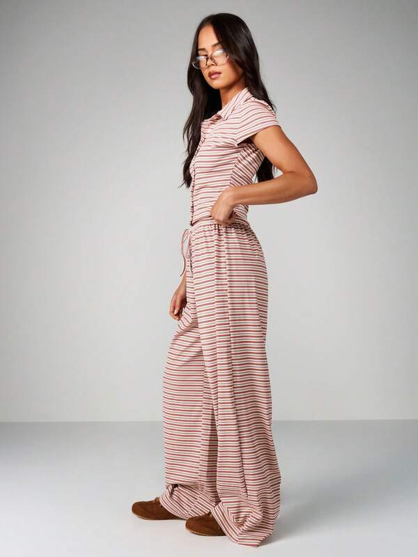 Missguided MISSGUIDED Striped Button Front Shirt And Wide Leg Pants Co Ord Set For Women Layering Casual Matching Two Piece Outfit