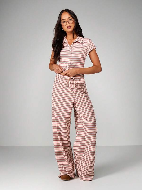 missguided MISSGUIDED Striped Button Front Shirt And Wide Leg Pants Co Ord Set For Women Layering Casual Matching Two Piece Outfit
