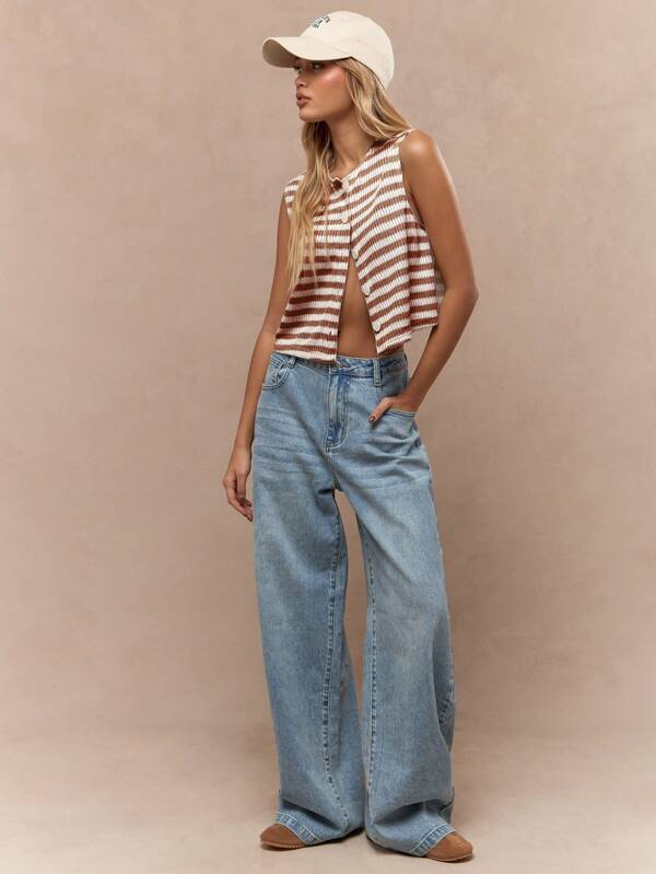 Missguided MISSGUIDED Striped Button Front Sleeveless Crop Chunky Knit Vest Top