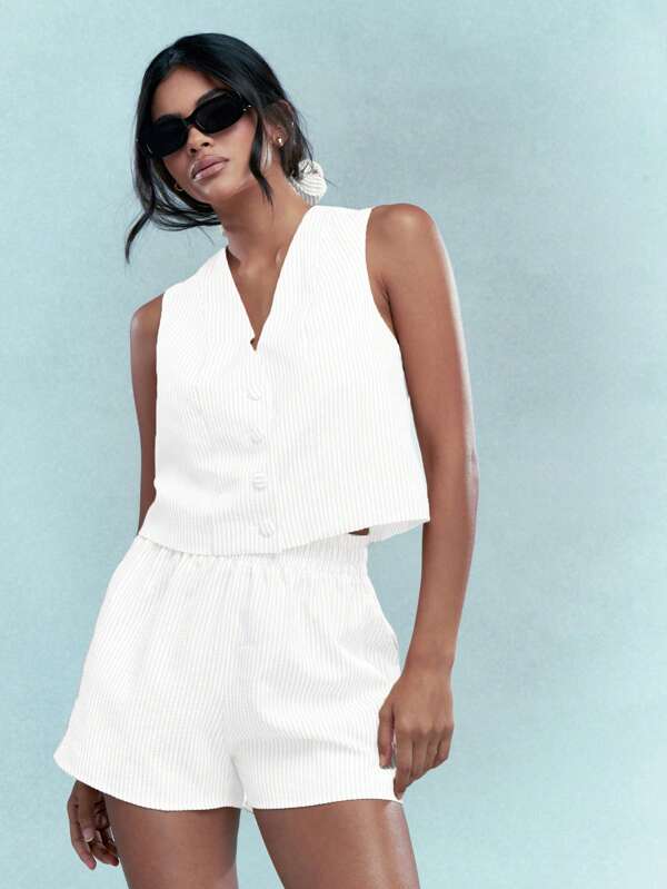 missguided MISSGUIDED Striped Button Front Sleeveless Top High Waist Shorts Two Piece Outfit