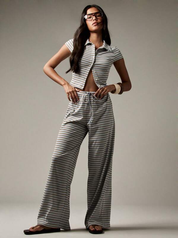 missguided MISSGUIDED Striped Button Through Crop Top And Palazzo Pants Set