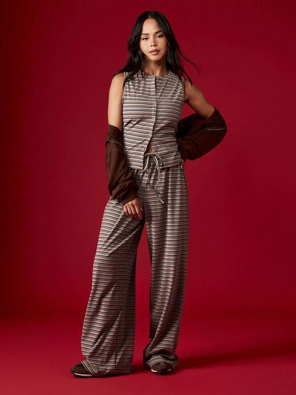 missguided MISSGUIDED Striped Button Through Top And Wide Leg Pants Set