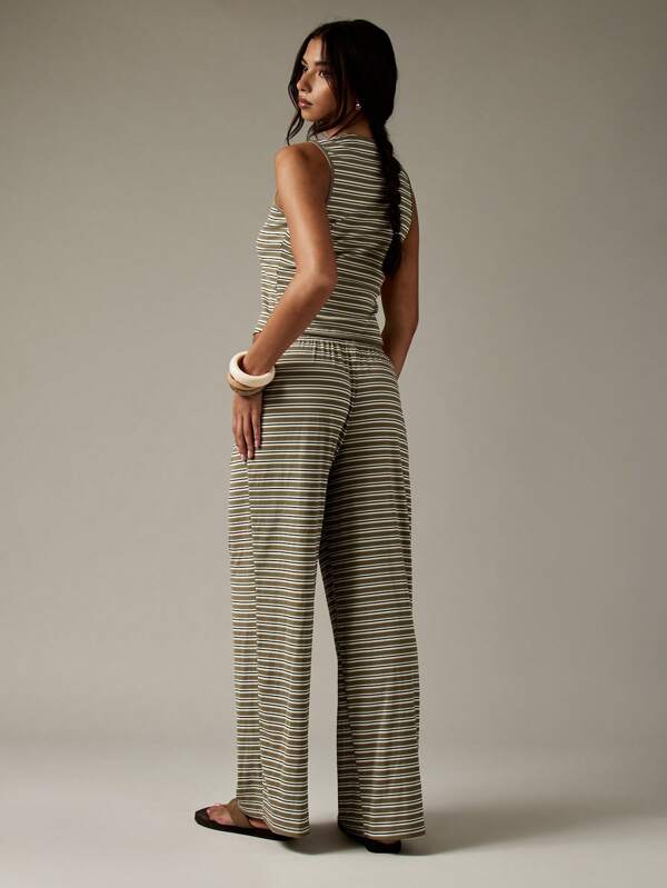 Missguided MISSGUIDED Striped Button Through Wide Leg Drawstring Two Piece Outfits