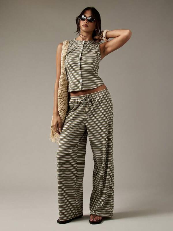 Missguided MISSGUIDED Striped Button Through Wide Leg Drawstring Two Piece Outfits